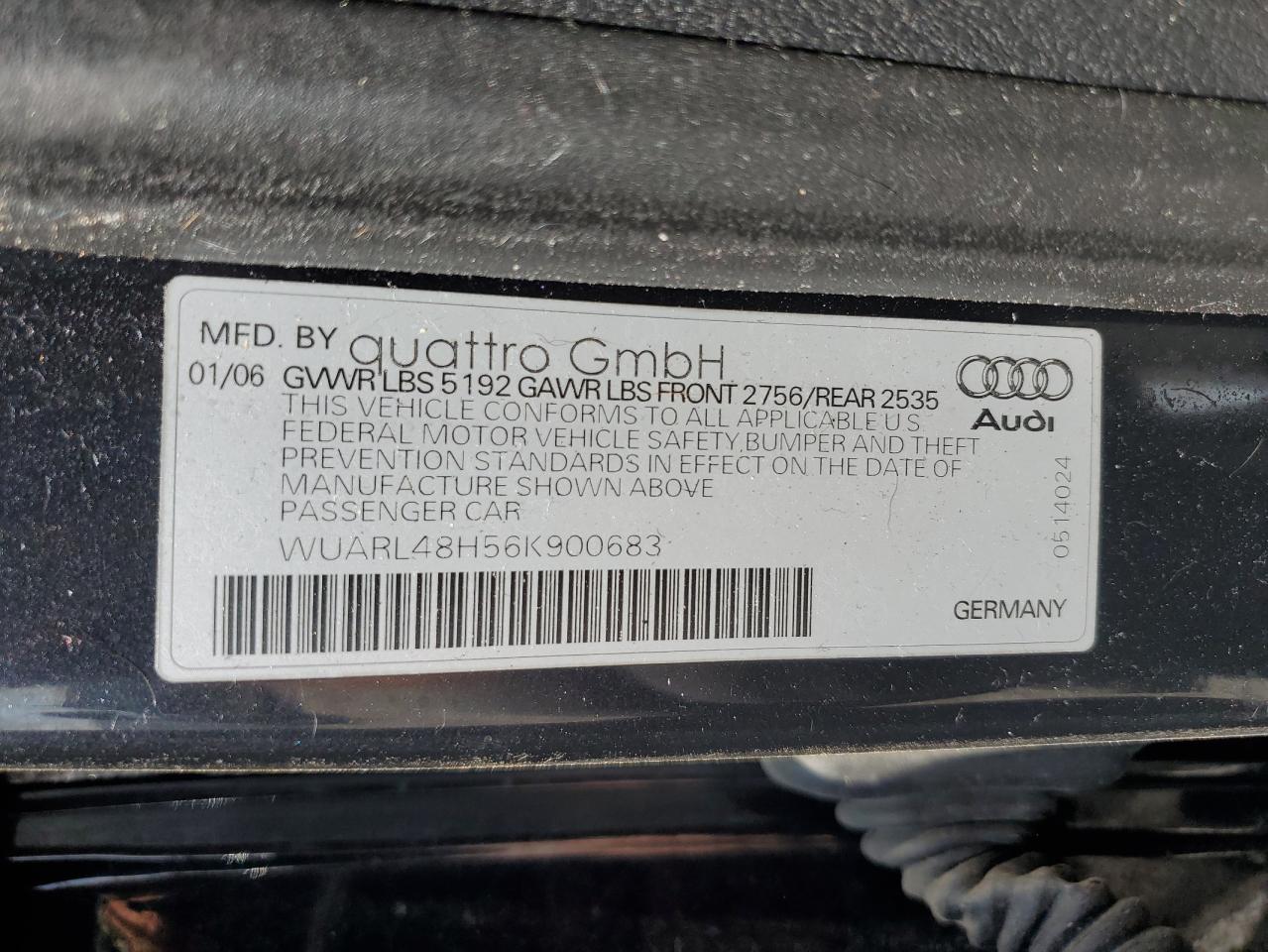 2006 Audi S4 Quattro Cabriolet VIN: WUARL48H56K900683 Lot: 61131255
