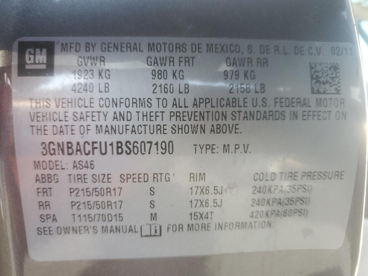 2011 Chevrolet Hhr Lt VIN: 3GNBACFU1BS607190 Lot: 62127775