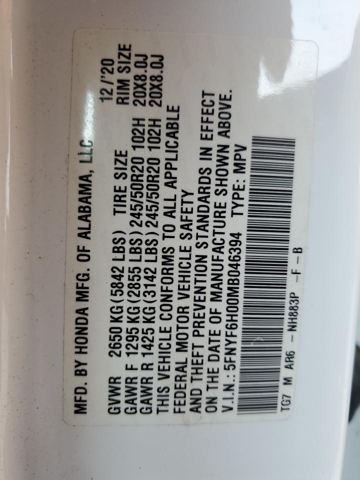 2021 Honda Pilot Elite VIN: 5FNYF6H00MB046394 Lot: 61745455