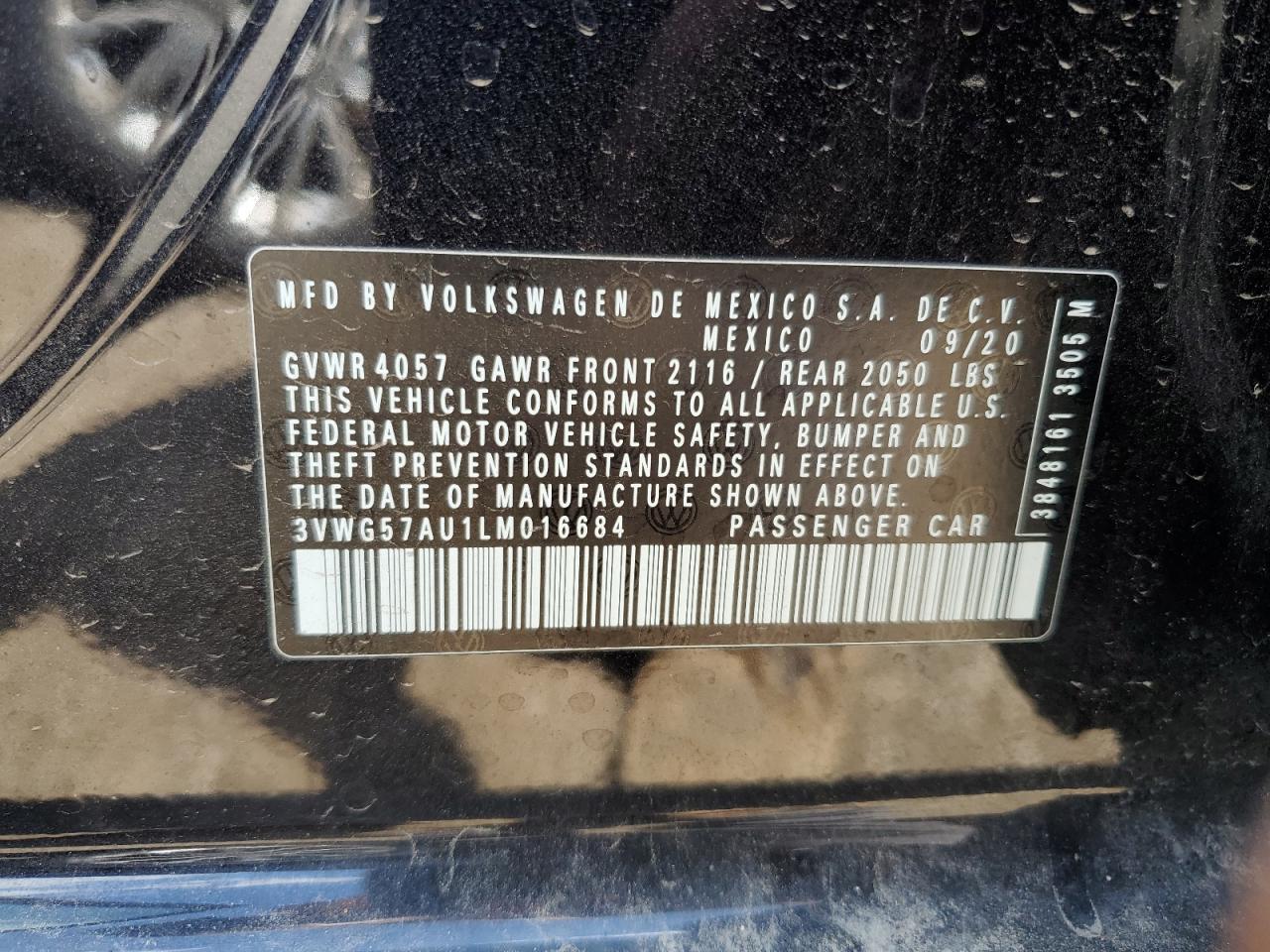 2020 Volkswagen Golf VIN: 3VWG57AU1LM016684 Lot: 62419095