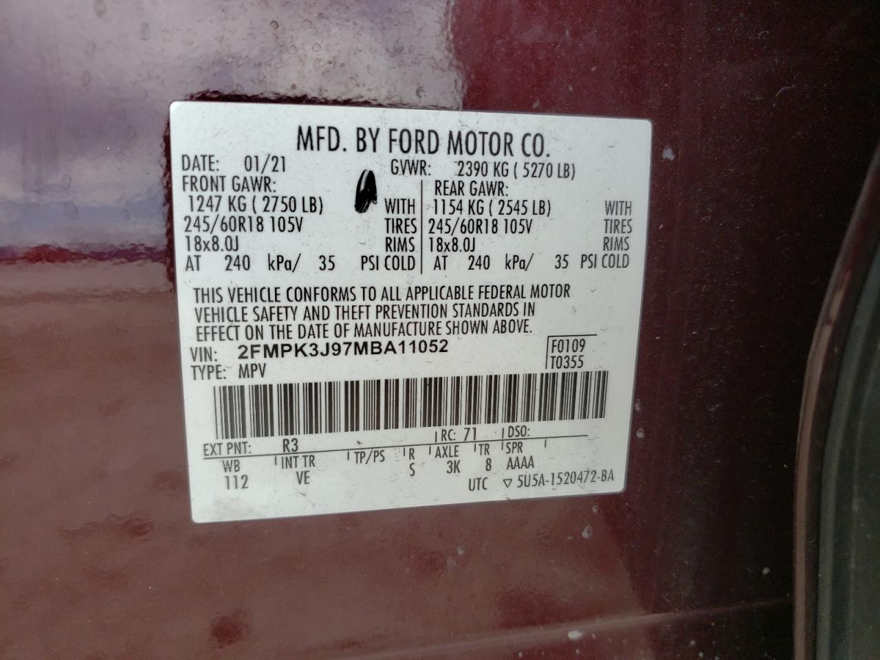 2021 Ford Edge Sel VIN: 2FMPK3J97MBA11052 Lot: 62680775