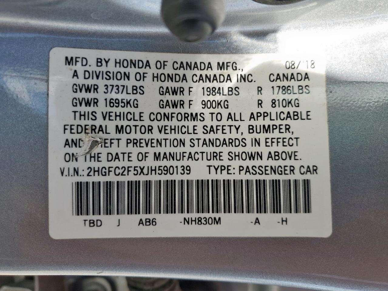 2018 Honda Civic Lx VIN: 2HGFC2F5XJH590139 Lot: 59573045