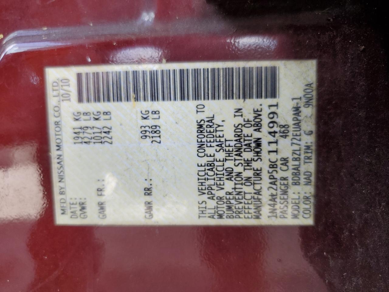 2011 Nissan Altima Base VIN: 1N4AL2AP5BC114991 Lot: 62190525