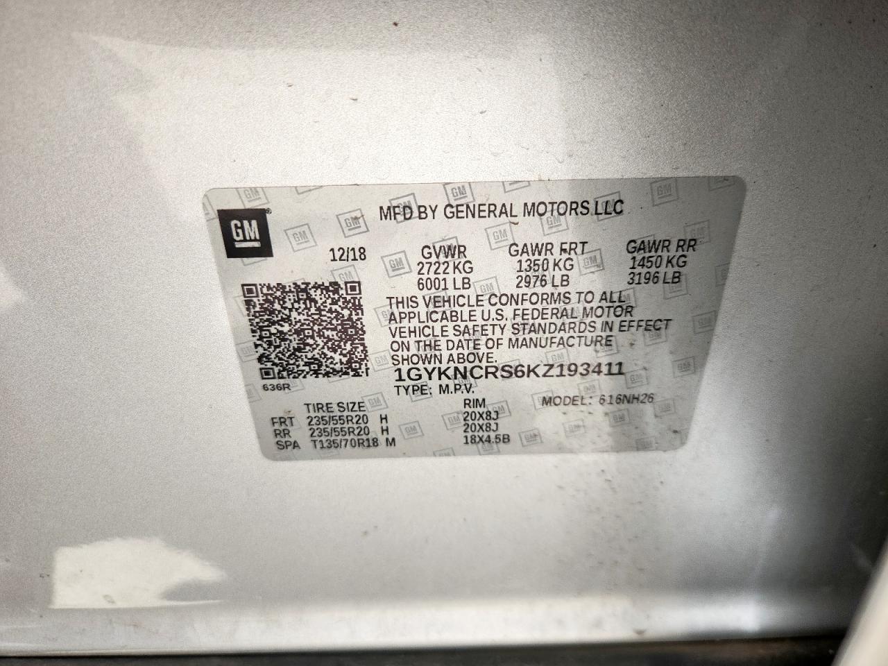 2019 Cadillac Xt5 Luxury VIN: 1GYKNCRS6KZ193411 Lot: 59428315