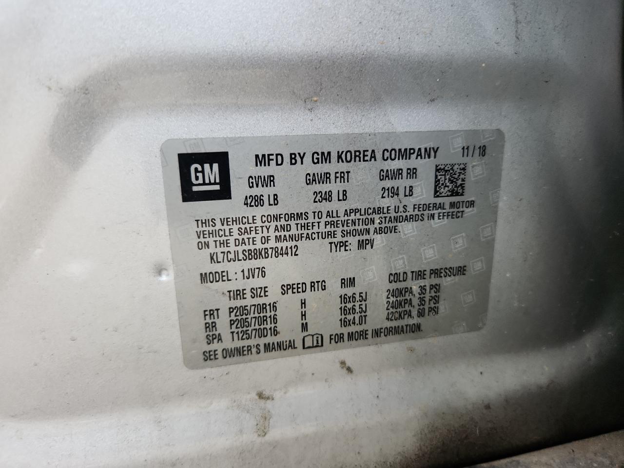 2019 Chevrolet Trax 1Lt VIN: KL7CJLSB8KB784412 Lot: 62280225