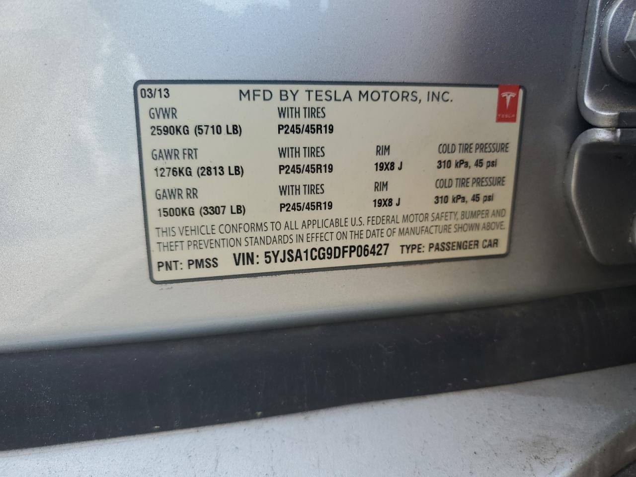 2013 Tesla Model S VIN: 5YJSA1CG9DFP06427 Lot: 59515845