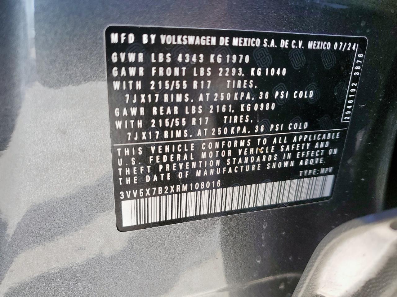 2024 Volkswagen Taos S VIN: 3VV5X7B2XRM108016 Lot: 61867025