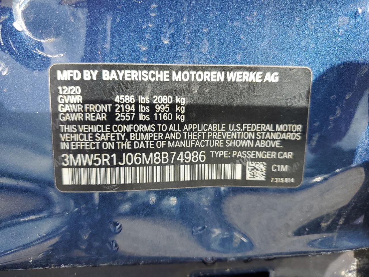 2021 BMW 330I VIN: 3MW5R1J06M8B74986 Lot: 60648895