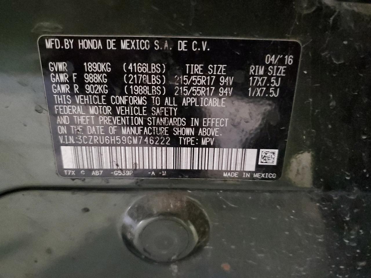 3CZRU6H59GM746222 HONDA HR-V 2016
