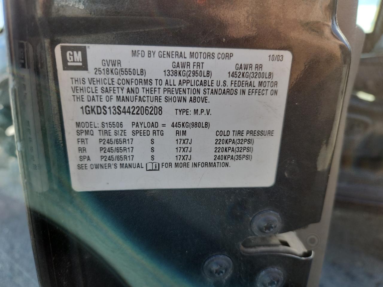 2004 GMC Envoy VIN: 1GKDS13S442206208 Lot: 62674025