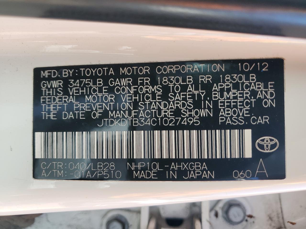 2012 Toyota Prius C VIN: JTDKDTB34C1027495 Lot: 61462525