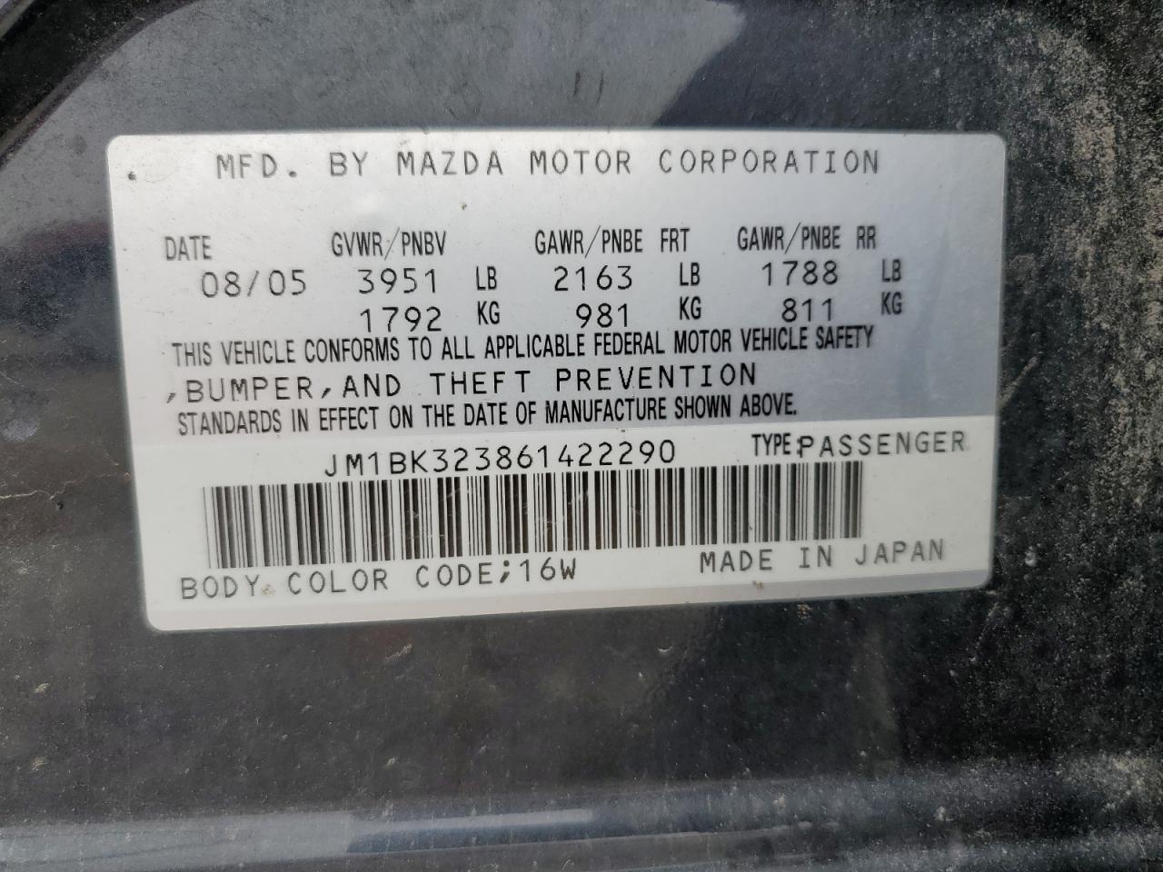 2006 Mazda 3 S VIN: JM1BK323861422290 Lot: 59957885