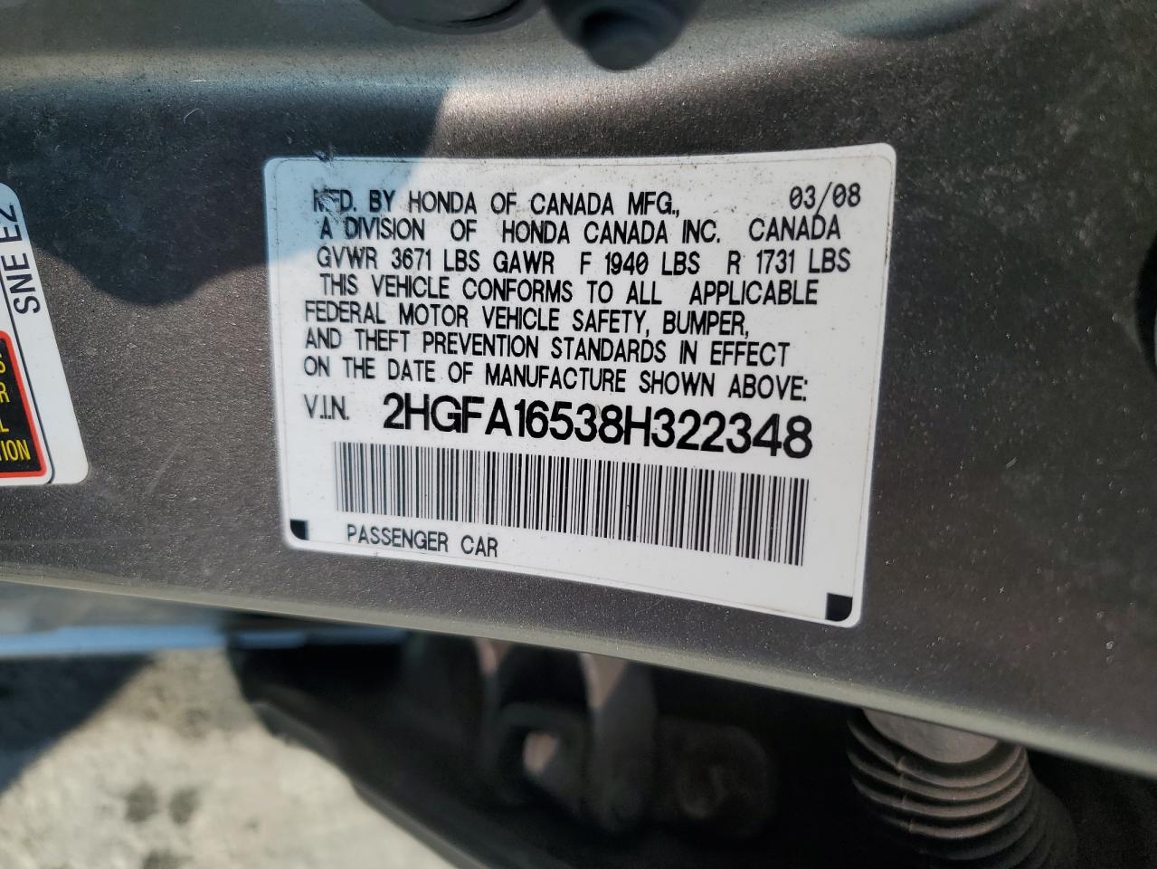 2008 Honda Civic Lx VIN: 2HGFA16538H322348 Lot: 61796975