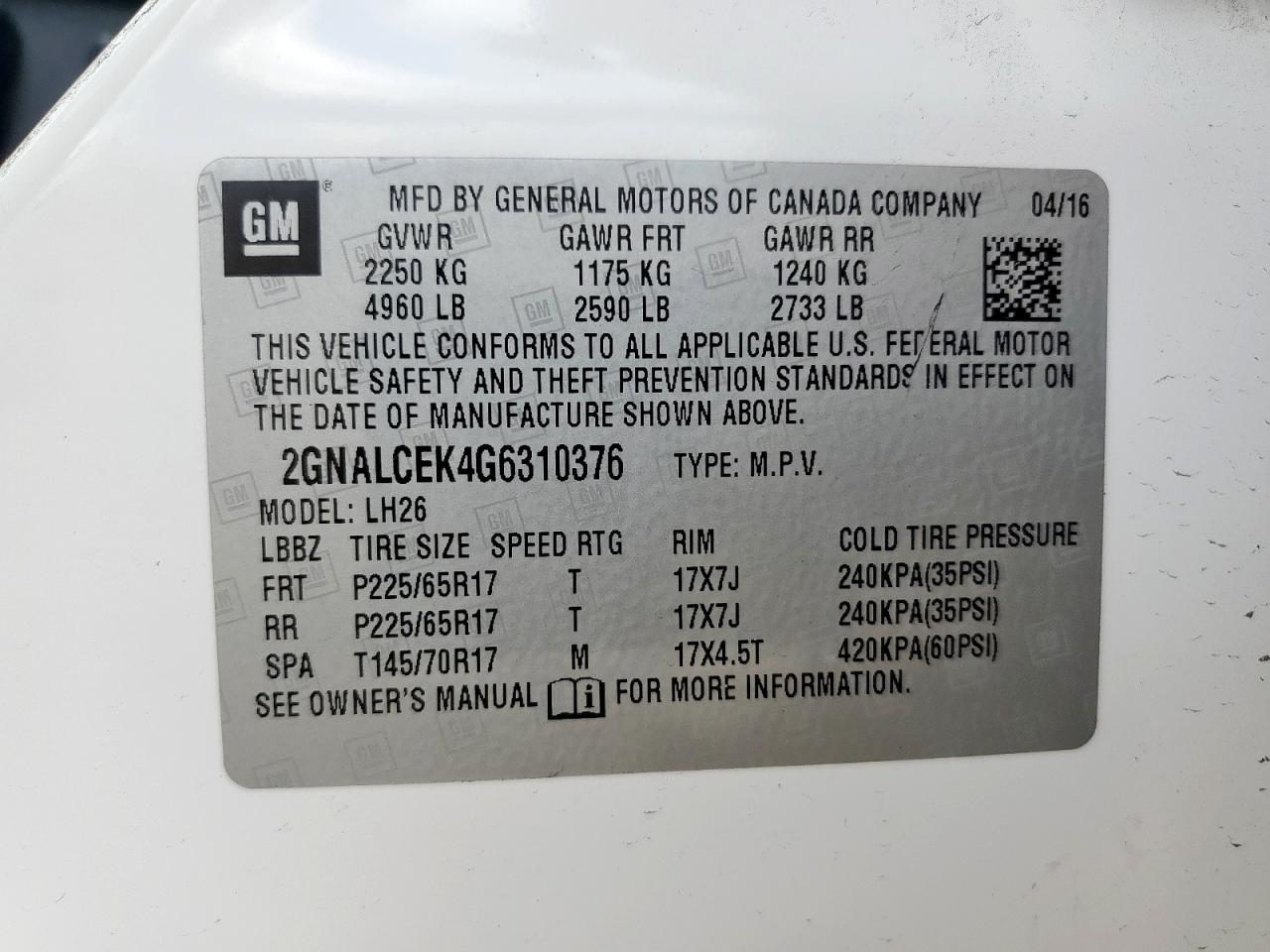 CHEVROLET EQUINOX 2016 VIN 2GNALCEK4G6310376 фото 12