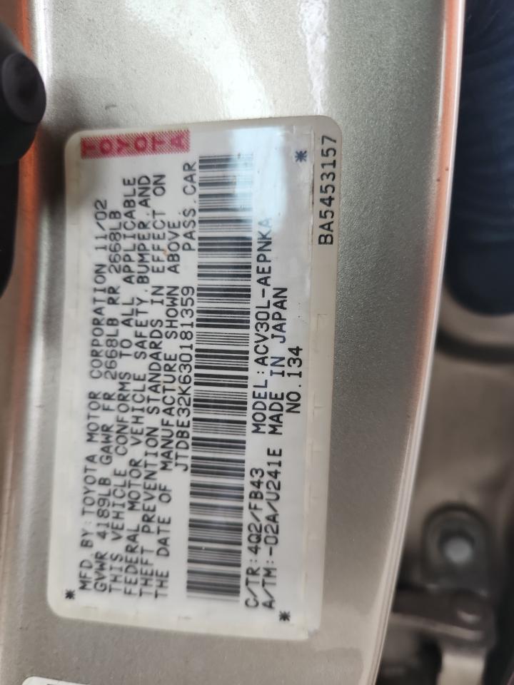 2003 Toyota Camry Le VIN: JTDBE32K630181359 Lot: 60151395