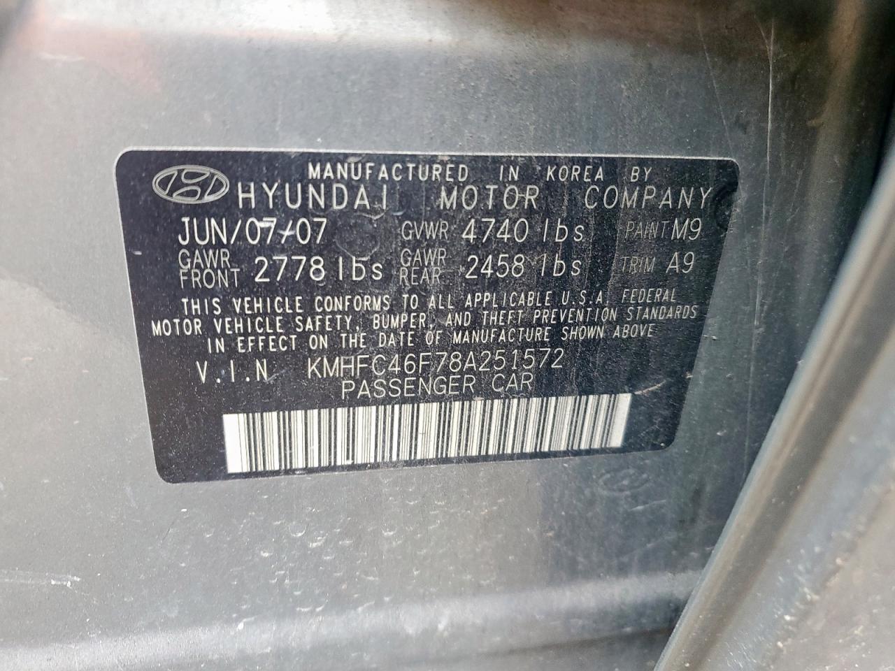 2008 Hyundai Azera Se VIN: KMHFC46F78A251572 Lot: 59020125
