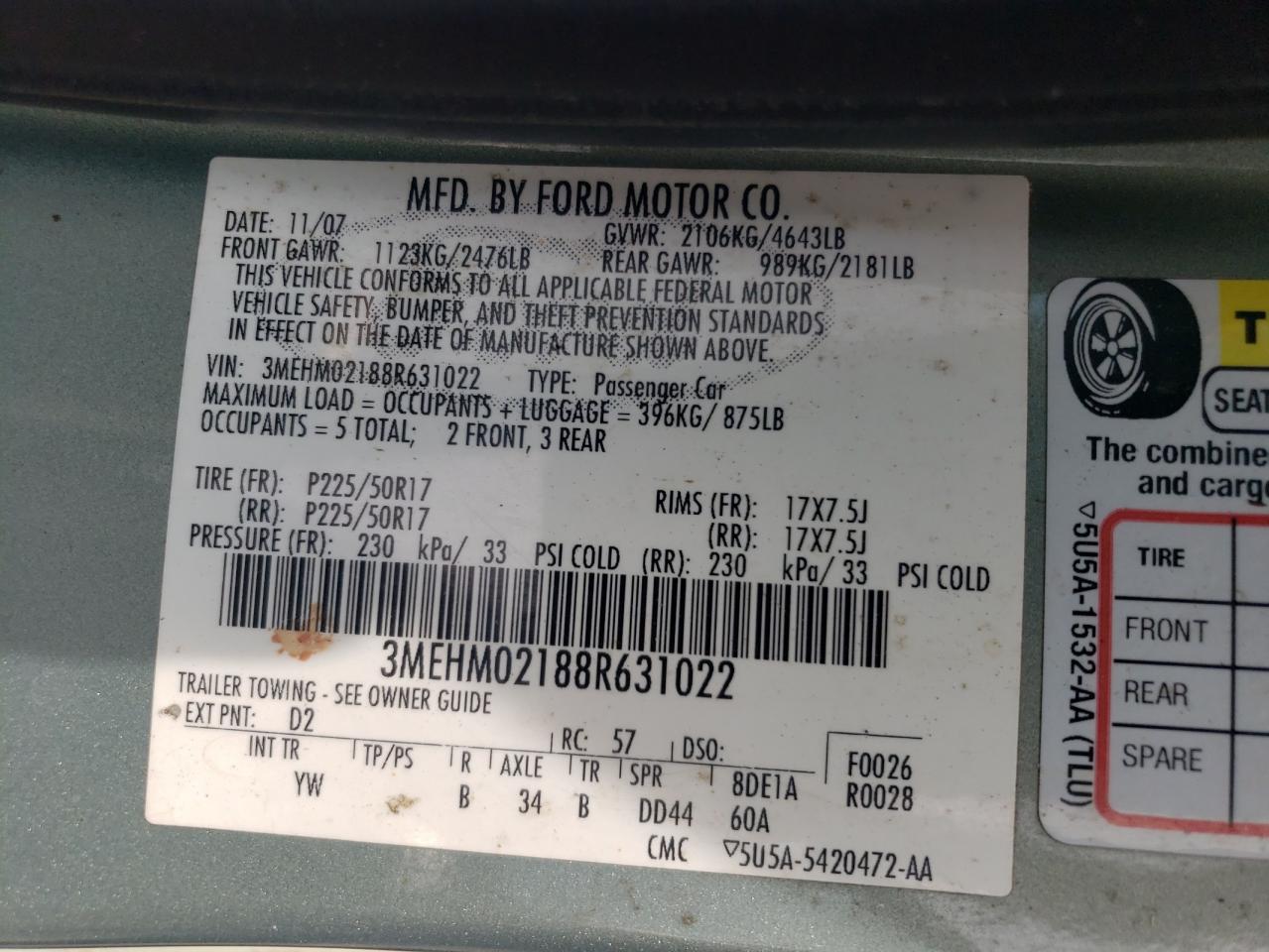 2008 Mercury Milan Premier VIN: 3MEHM02188R631022 Lot: 62037525
