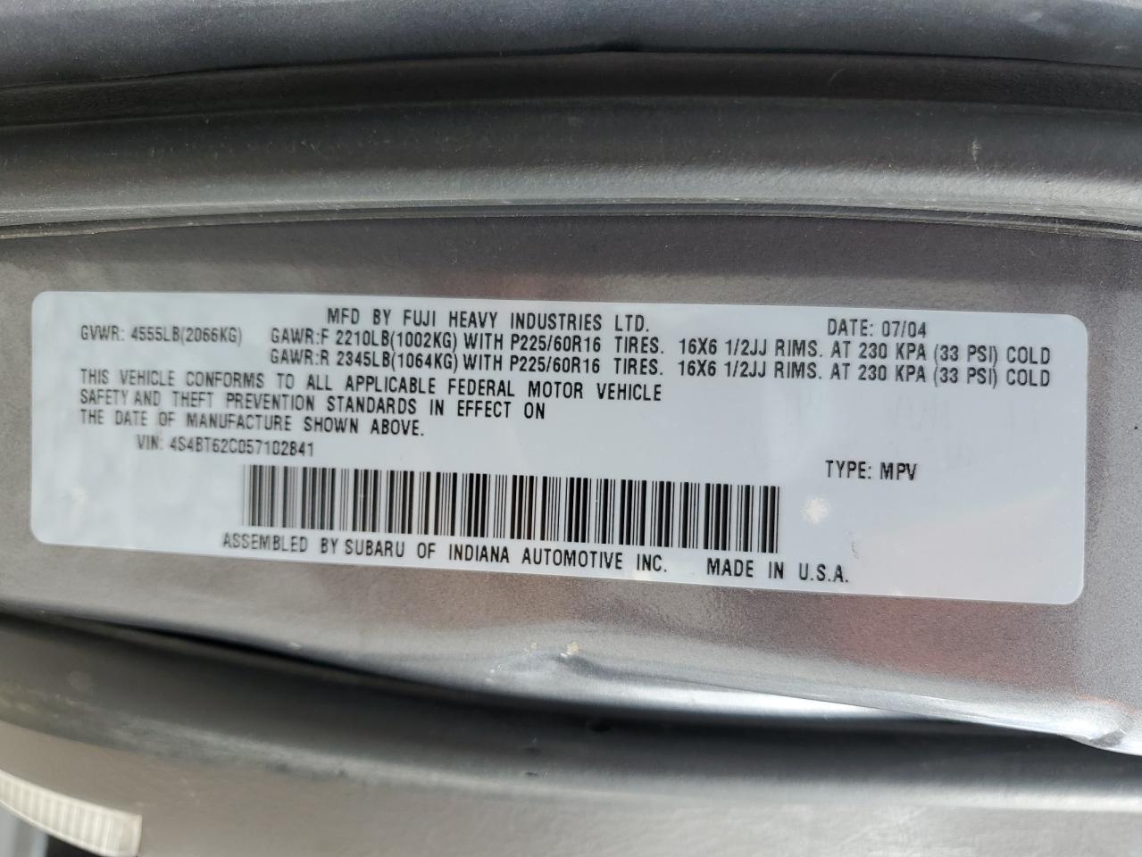 2005 Subaru Baja Sport VIN: 4S4BT62C057102841 Lot: 61186075