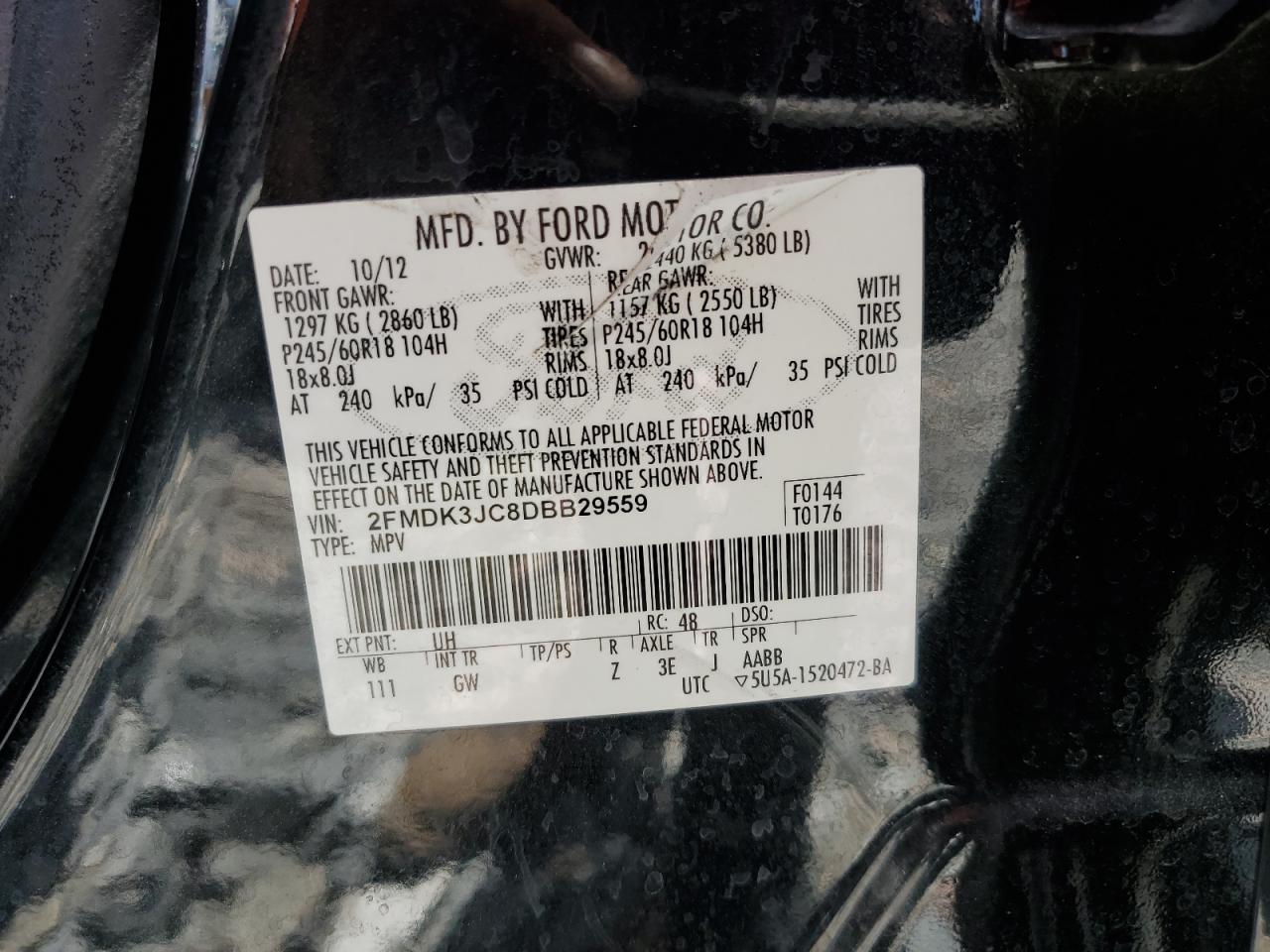 2013 Ford Edge Sel VIN: 2FMDK3JC8DBB29559 Lot: 60874935