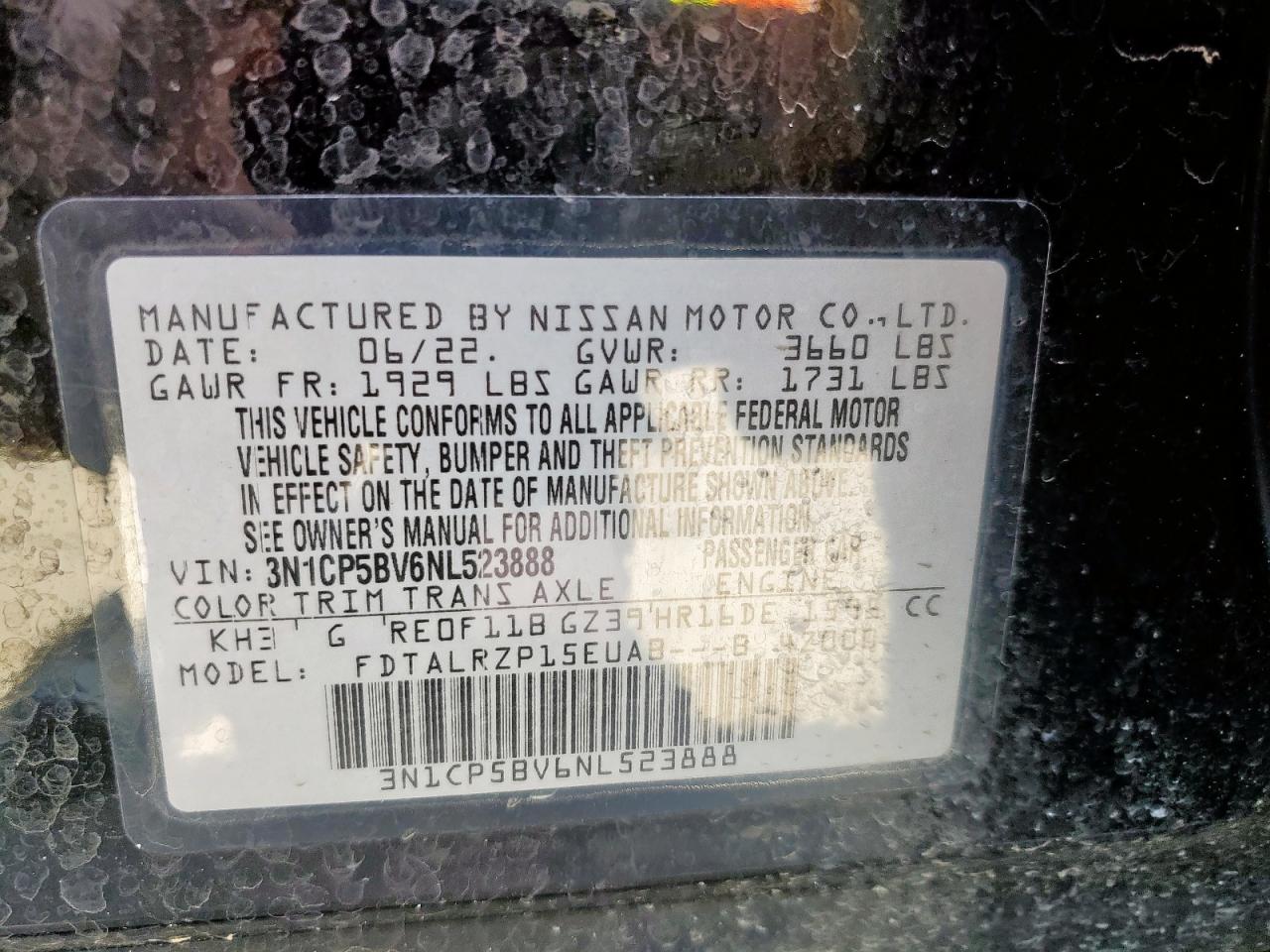 2022 Nissan Kicks S VIN: 3N1CP5BV6NL523888 Lot: 61229535