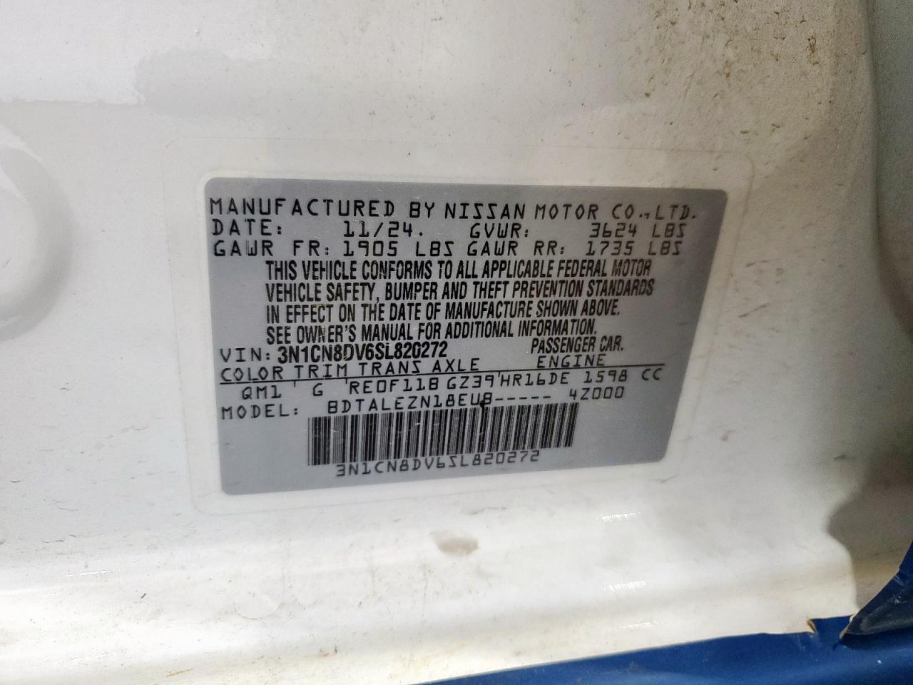 2025 Nissan Versa S VIN: 3N1CN8DV6SL820272 Lot: 61079395