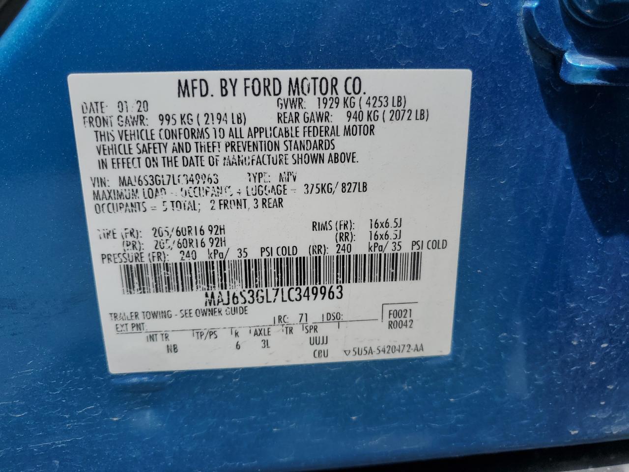 2020 Ford Ecosport Se VIN: MAJ6S3GL7LC349963 Lot: 61965975