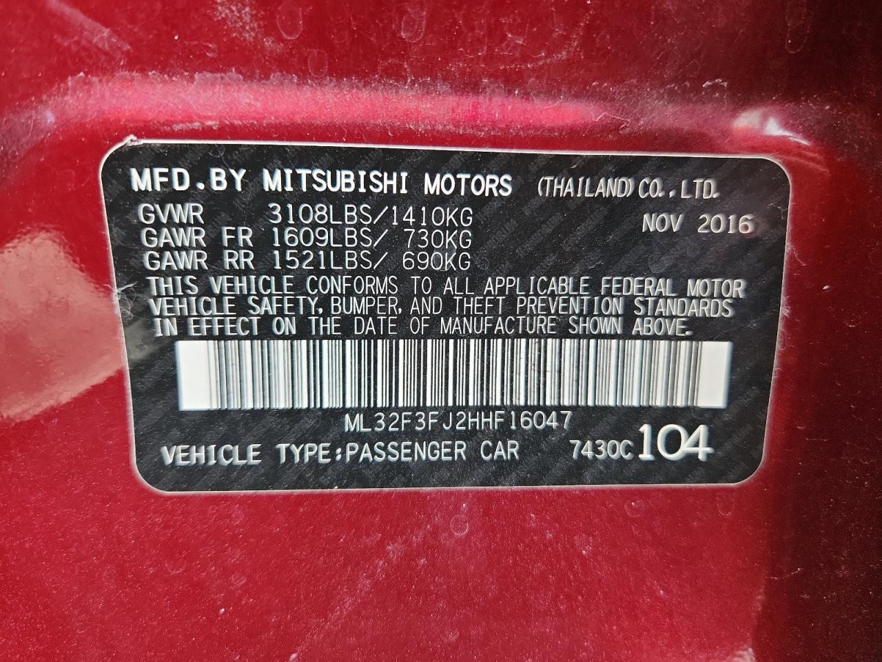 2017 Mitsubishi Mirage G4 Es VIN: ML32F3FJ2HHF16047 Lot: 63126015