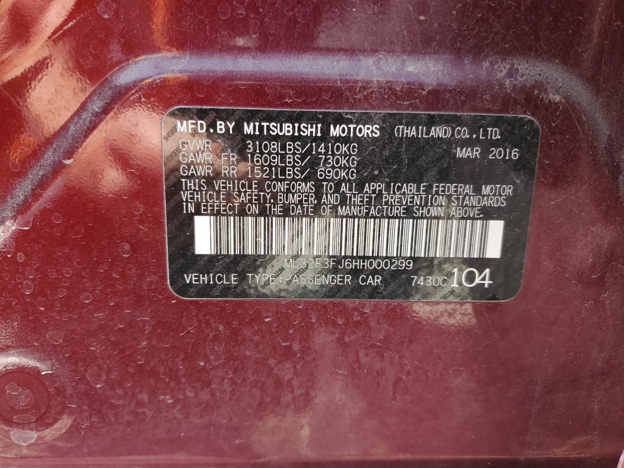 2017 Mitsubishi Mirage G4 Es VIN: ML32F3FJ6HH000299 Lot: 61252915