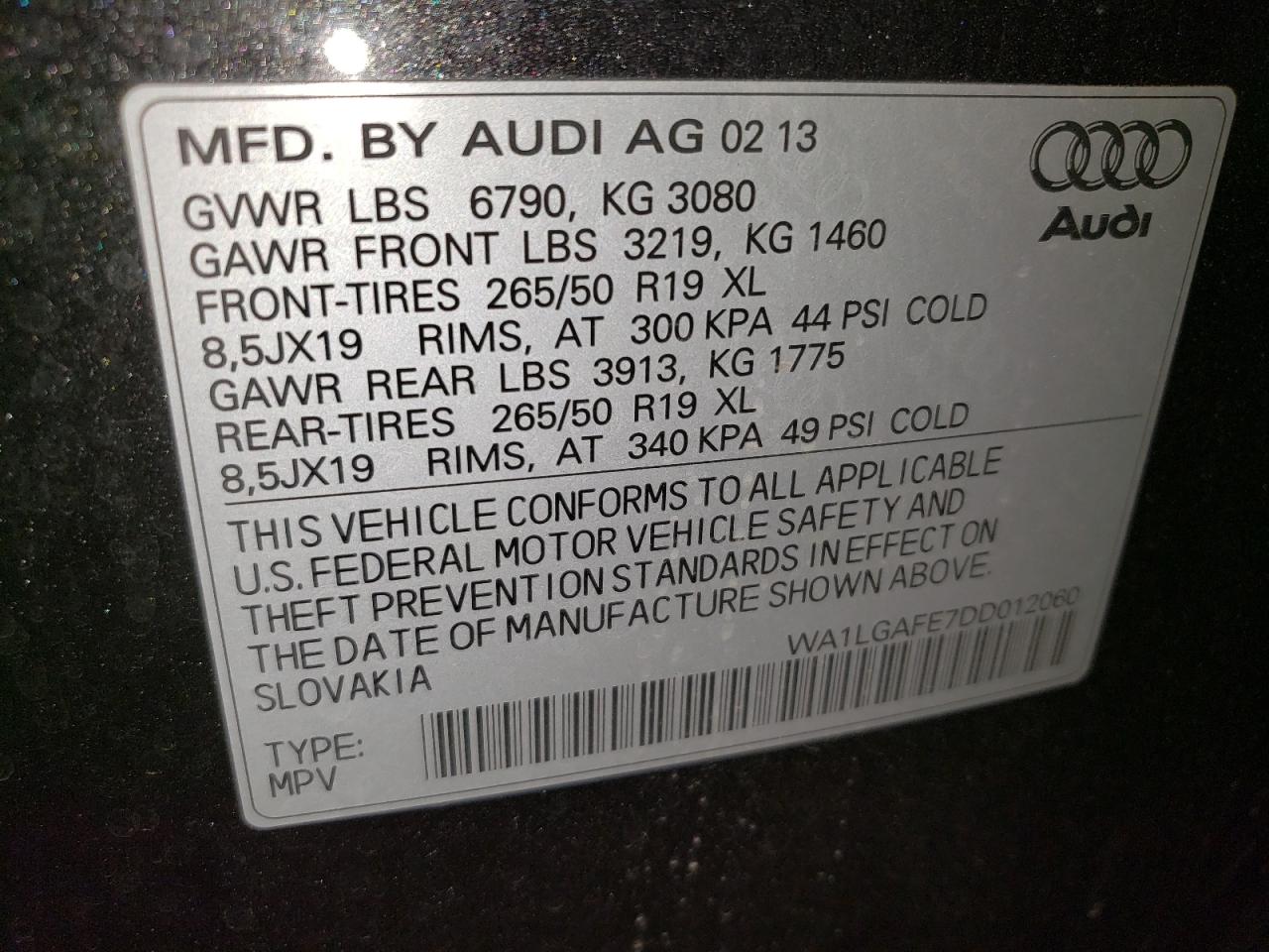 2013 Audi Q7 Premium Plus VIN: WA1LGAFE7DD012060 Lot: 61245455