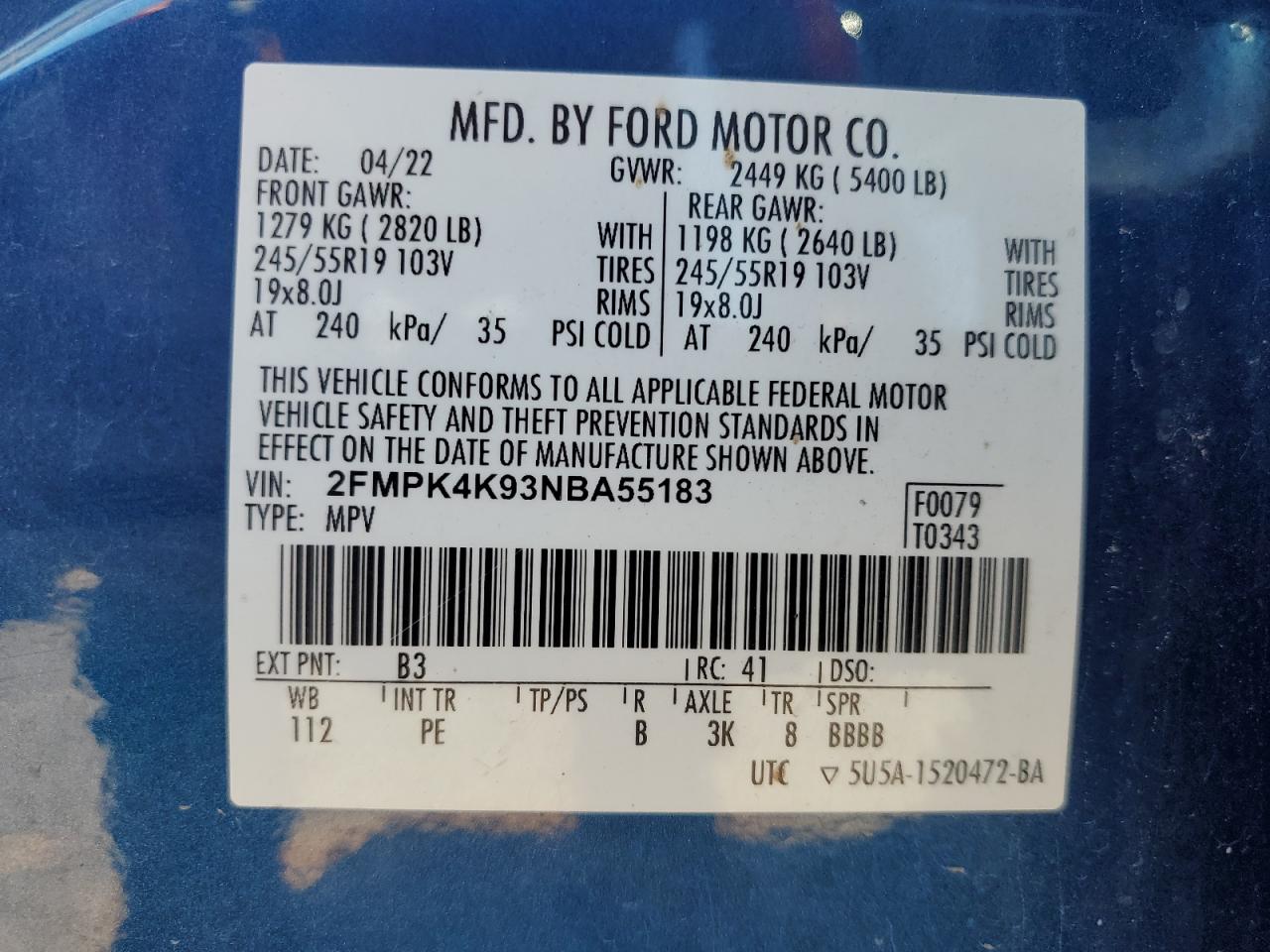 2FMPK4K93NBA55183 FORD EDGE 2022