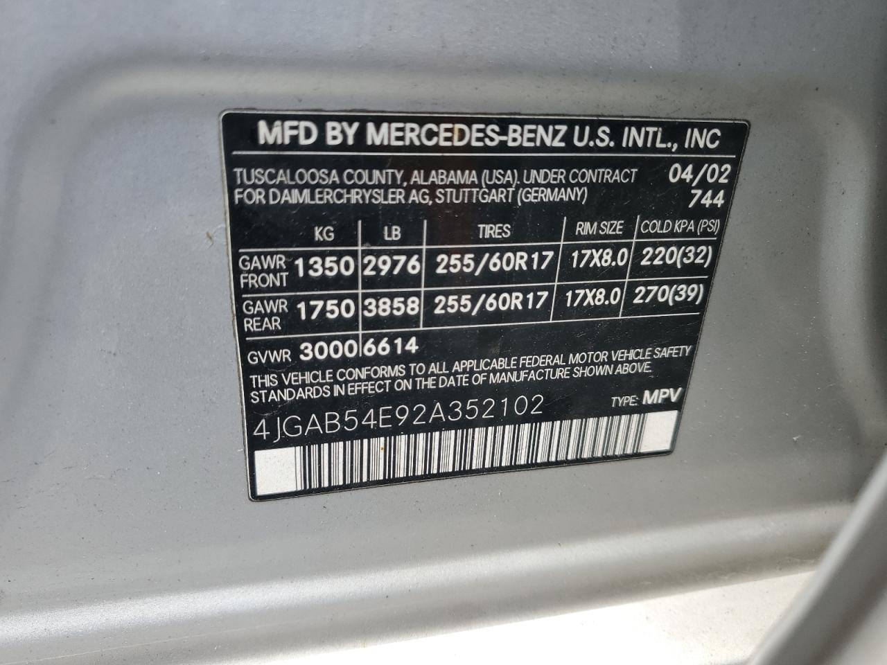2002 Mercedes-Benz Ml 320 VIN: 4JGAB54E92A352102 Lot: 62834375