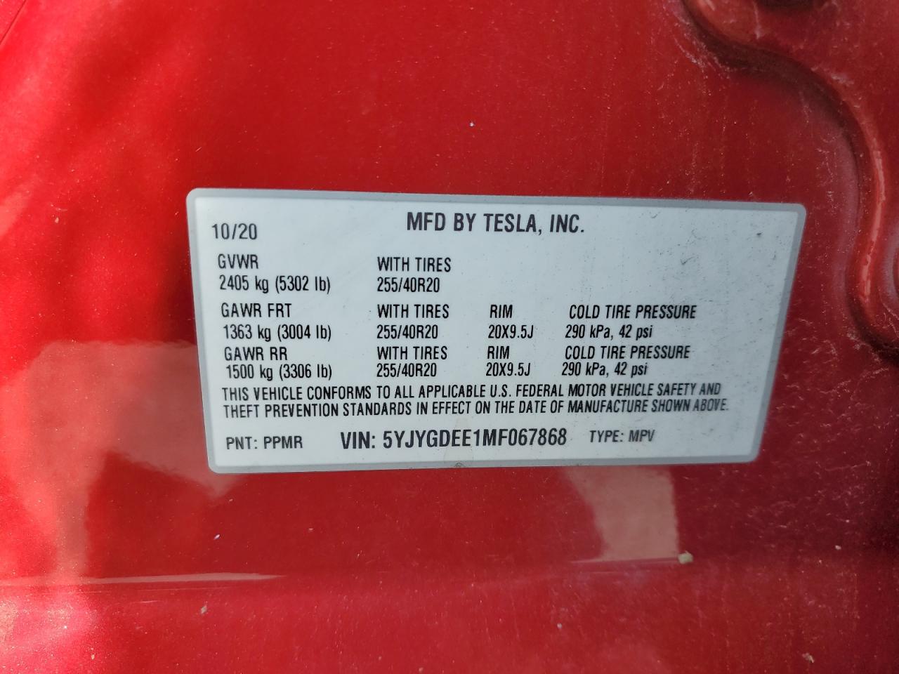 2021 Tesla Model Y VIN: 5YJYGDEE1MF067868 Lot: 61846985