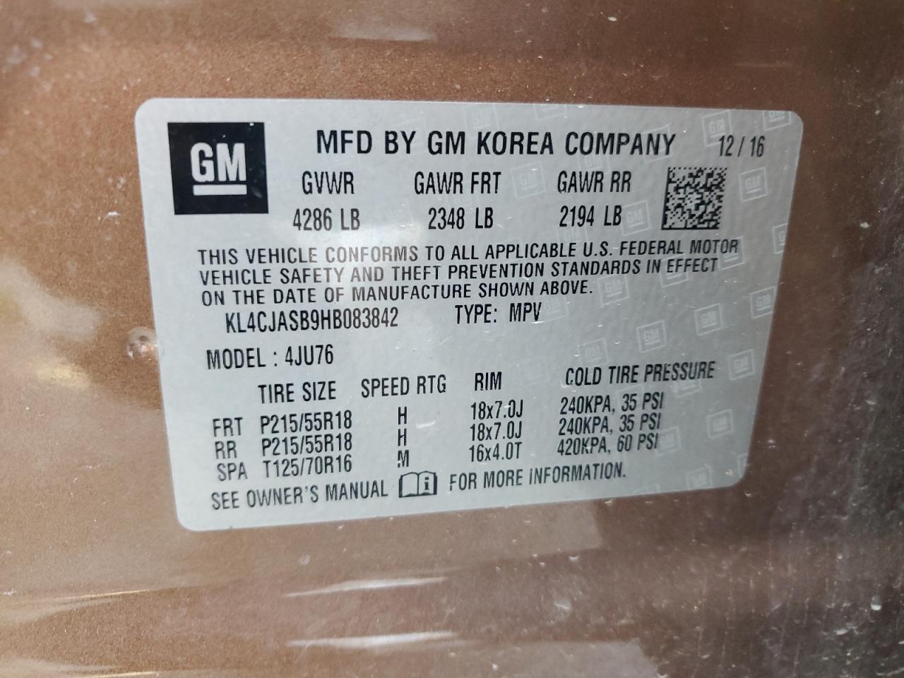 2017 Buick Encore Preferred VIN: KL4CJASB9HB083842 Lot: 66266365