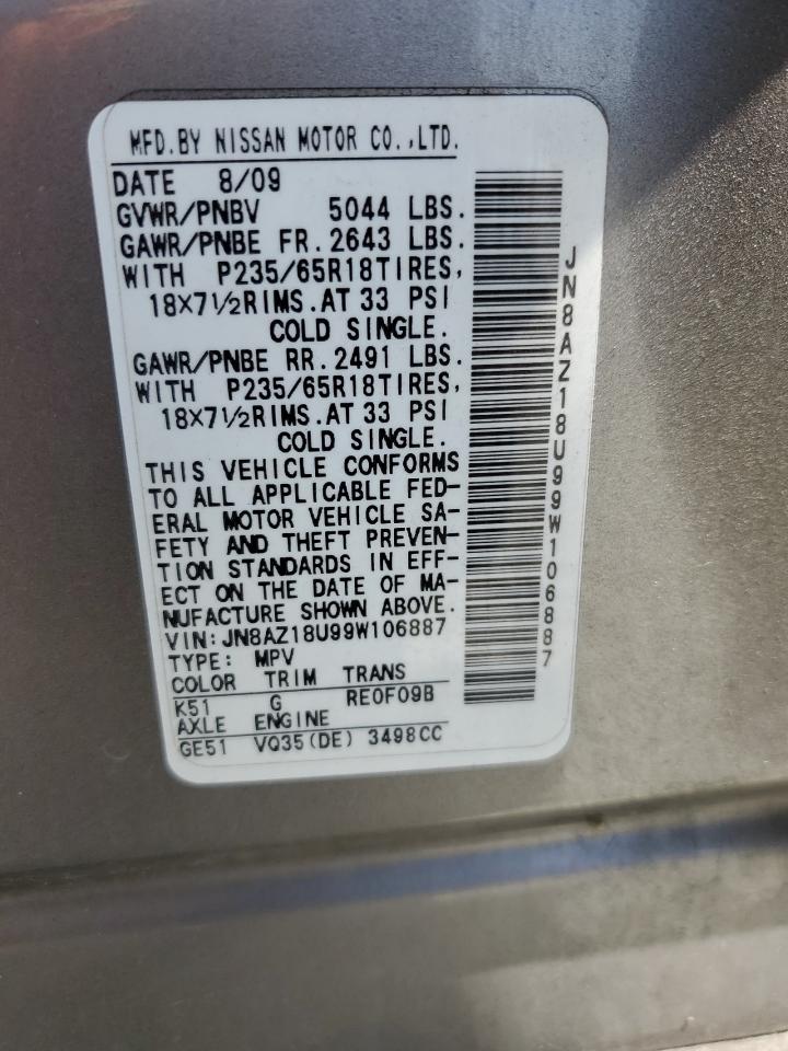 2009 Nissan Murano S VIN: JN8AZ18U99W106887 Lot: 61270925