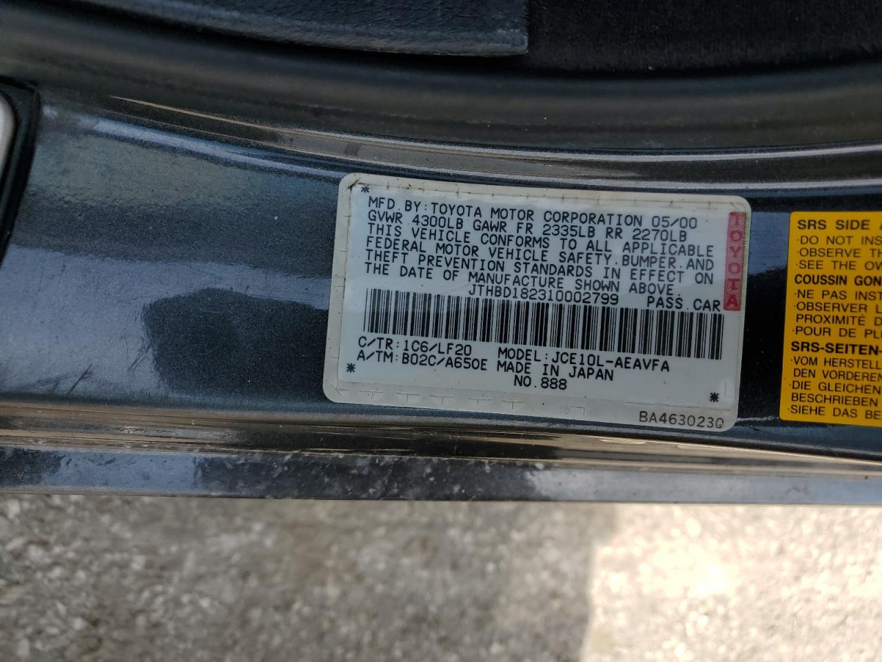 2001 Lexus Is 300 VIN: JTHBD182310002799 Lot: 61340815