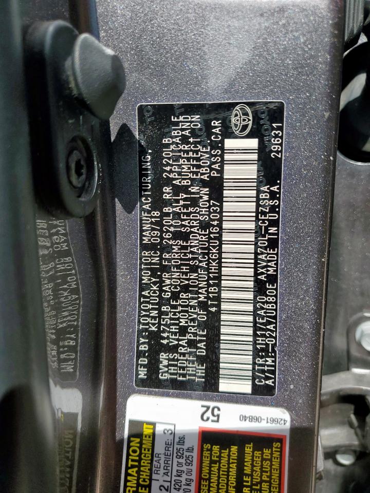 2019 Toyota Camry L VIN: 4T1B11HK6KU164037 Lot: 61160155
