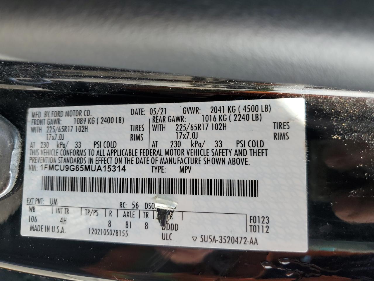 2021 Ford Escape Se VIN: 1FMCU9G65MUA15314 Lot: 62941535
