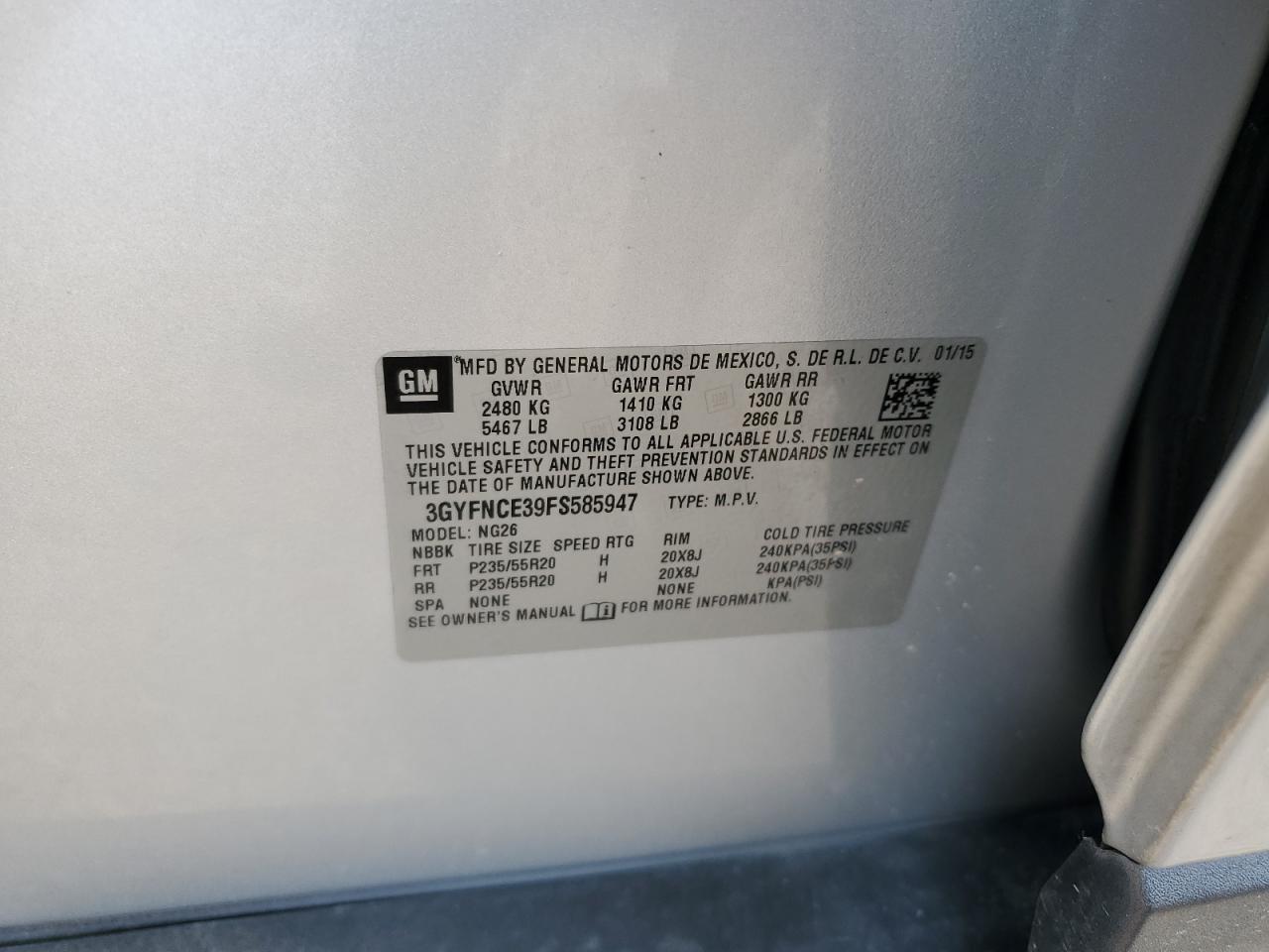 2015 Cadillac Srx Performance Collection VIN: 3GYFNCE39FS585947 Lot: 61224725