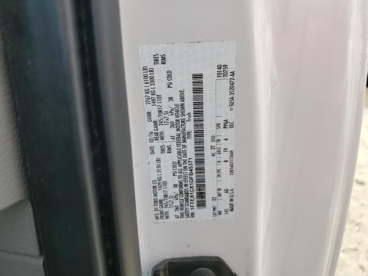 1FTEX1C81GFB45371 FORD F-150 2016