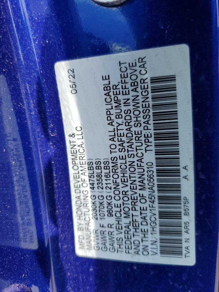 2022 Honda Accord Sport Se VIN: 1HGCV1F45NA056310 Lot: 61383425
