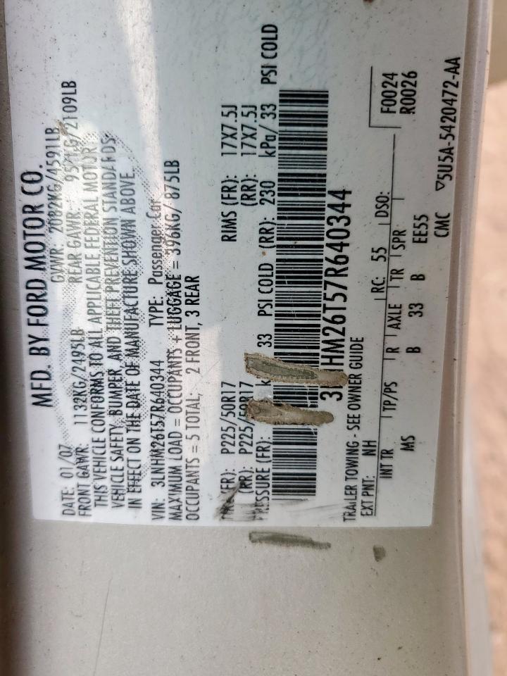 2007 Lincoln Mkz VIN: 3LNHM26T57R640344 Lot: 61862255