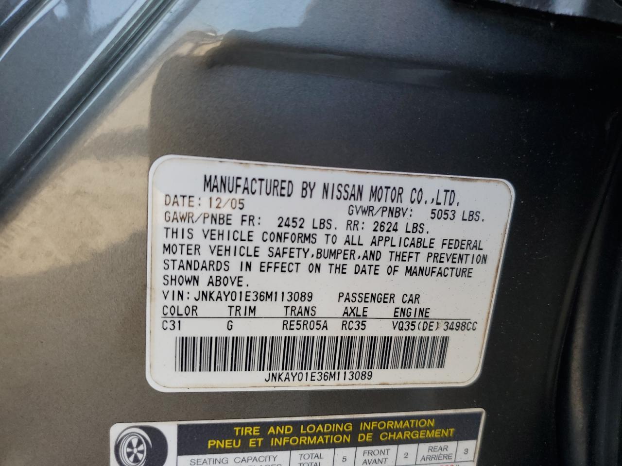 2006 Infiniti M35 Base VIN: JNKAY01E36M113089 Lot: 61920975