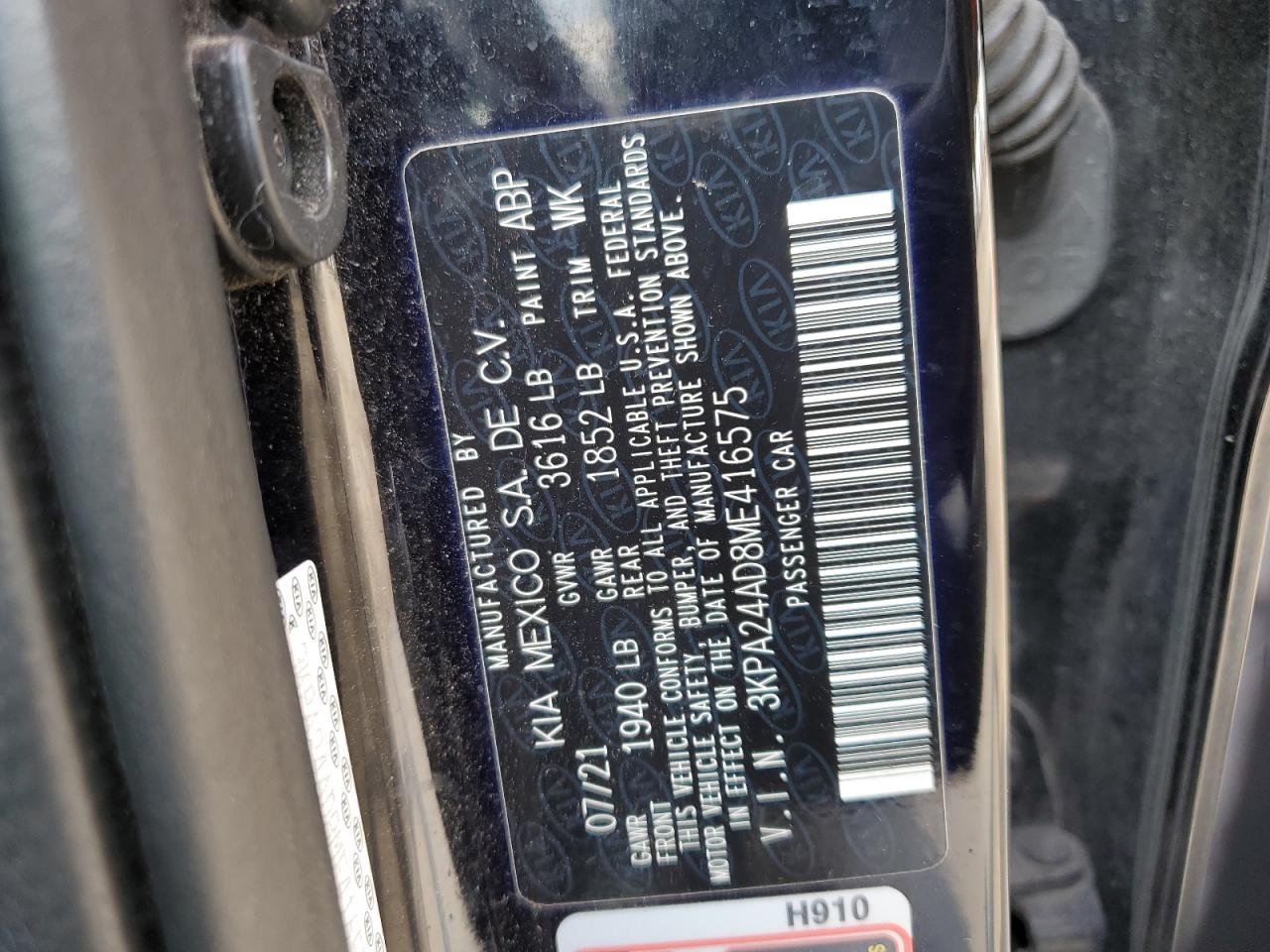 2021 Kia Rio Lx VIN: 3KPA24AD8ME416575 Lot: 61306735
