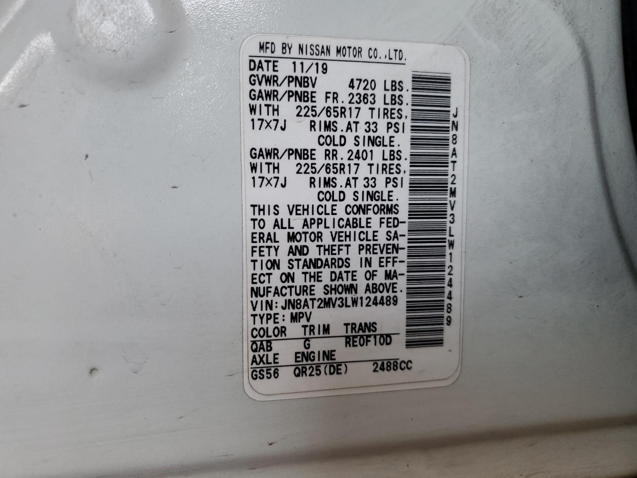 JN8AT2MV3LW124489 NISSAN ROGUE 2020
