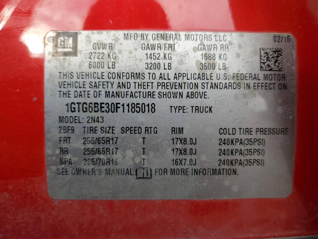 2015 GMC Canyon Sle VIN: 1GTG6BE30F1185018 Lot: 58991025