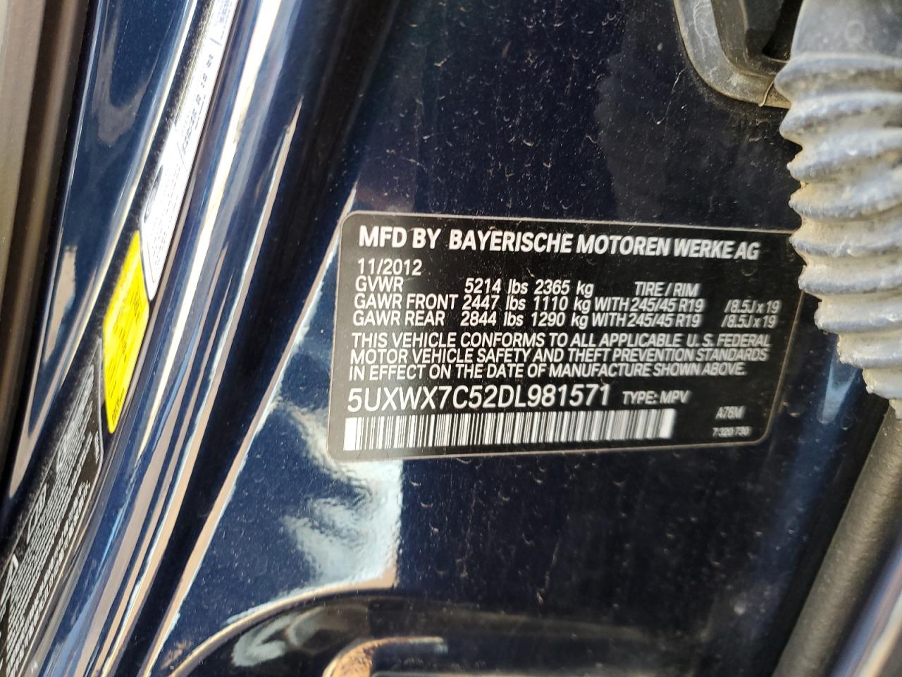 2013 BMW X3 xDrive35I VIN: 5UXWX7C52DL981571 Lot: 62412835