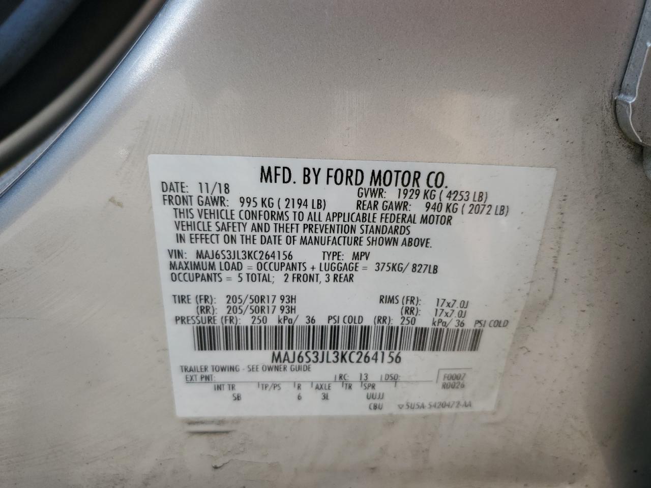 2019 Ford Ecosport Ses VIN: MAJ6S3JL3KC264156 Lot: 62353135