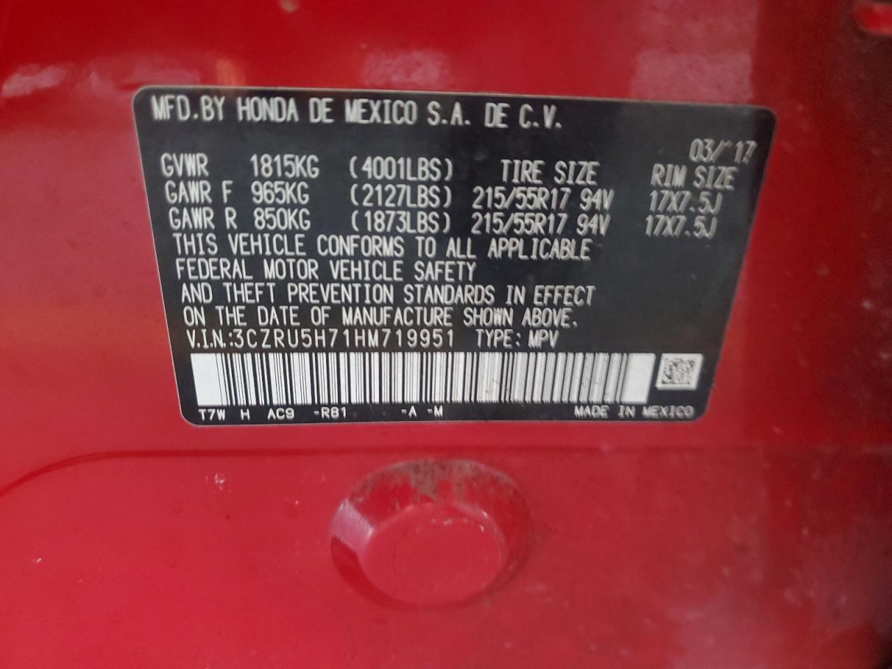2017 Honda Hr-V Exl VIN: 3CZRU5H71HM719951 Lot: 61636485