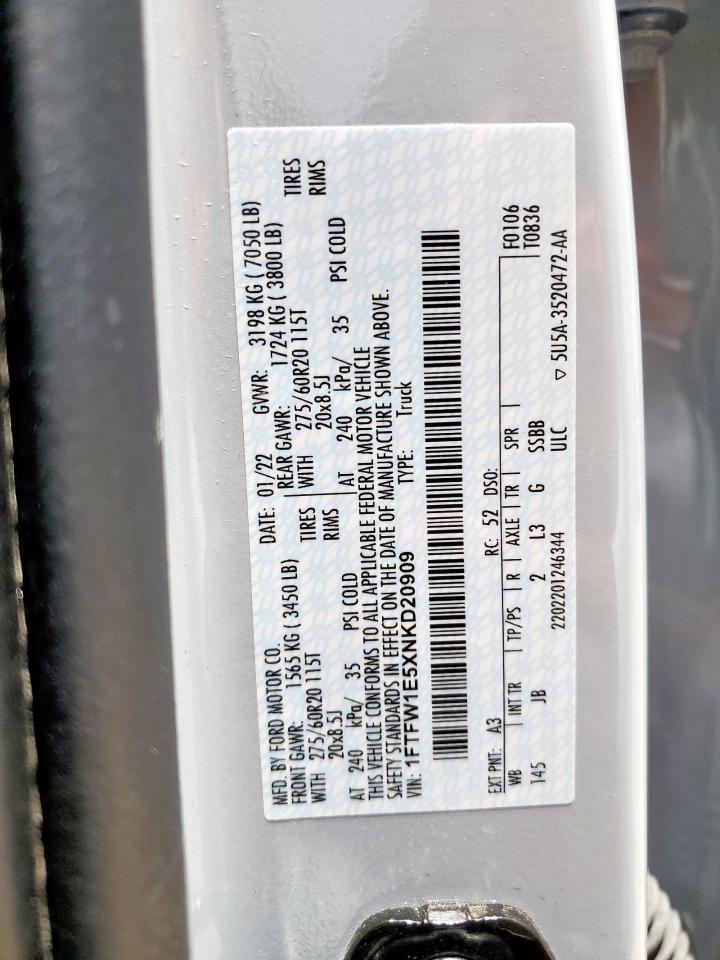 2022 Ford F150 Supercrew VIN: 1FTFW1E5XNKD20909 Lot: 61184595