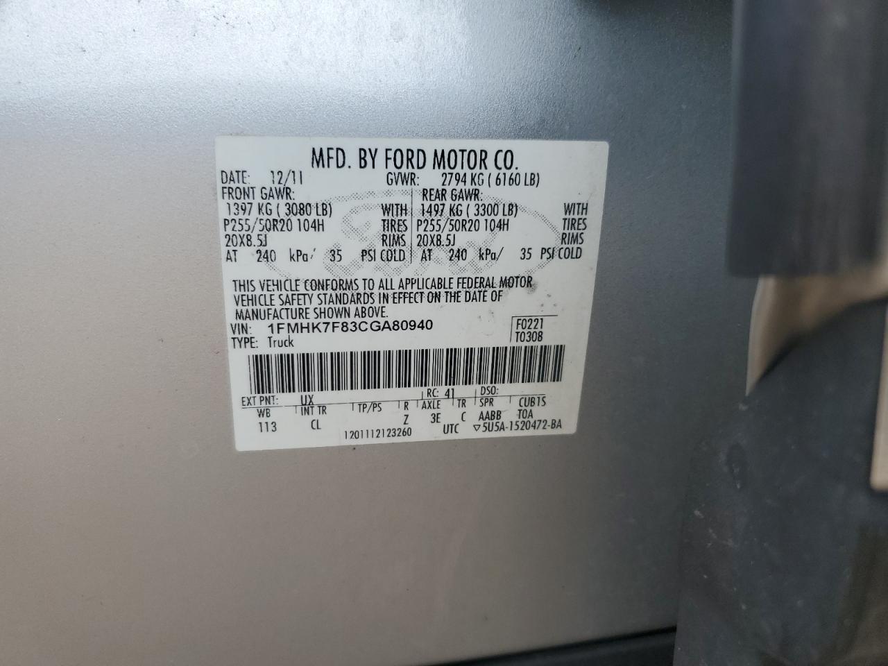 2012 Ford Explorer Limited VIN: 1FMHK7F83CGA80940 Lot: 63998705